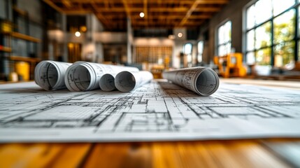 Blueprints on a wooden surface in a bright workspace showcase intricate architectural designs