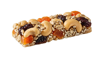 Healthy homemade nut and dried fruit granola bar with cashews, raisins, apricots, and sunflower seeds on black background, perfect for snacks and energy boosts