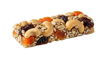 Healthy homemade nut and dried fruit granola bar with cashews, raisins, apricots, and sunflower seeds on black background, perfect for snacks and energy boosts