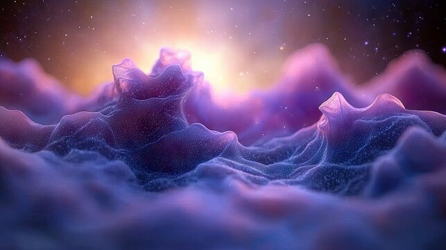 An abstract landscape of purple and blue forms, with a starry sky and bright light in the background. The image has a dreamy, ethereal quality. - Powered by Adobe