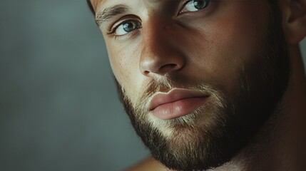 Fototapeta premium Young man with a beard looking downwards at camera.