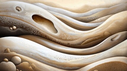 An abstract artwork featuring undulating, organic forms resembling sand dunes, with detailed textures and a neutral color palette.
