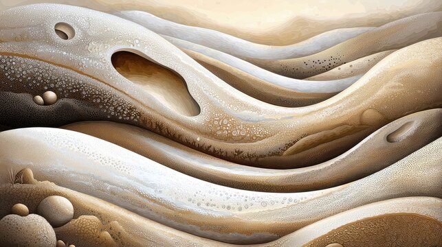 An abstract artwork featuring undulating, organic forms resembling sand dunes, with detailed textures and a neutral color palette.