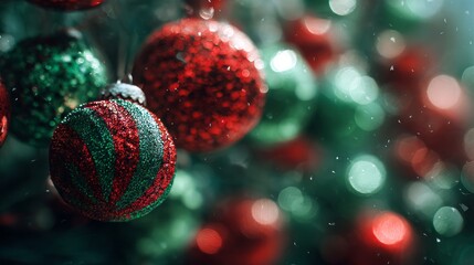 Festive christmas wallpaper with green and red ornament bokeh background for holiday decor, seasonal celebration, and winter-themed digital design