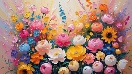 Explosive impasto oil painting: colorful flower garden. Thick, expressive brushstrokes render pink, yellow, orange, blue, purple blossoms with soft, glowing light. Joyful floral masterpiece. Wallart