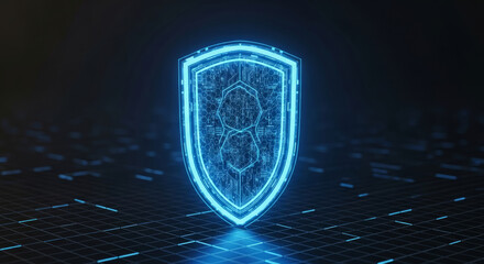 Glowing blue digital shield with circuit board pattern on dark grid technology security