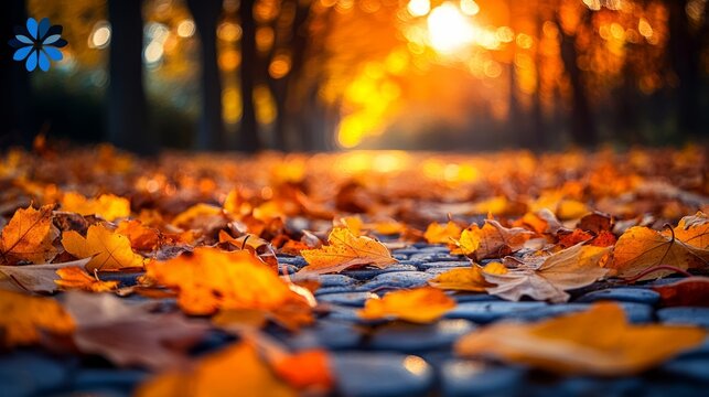 A carpet of orange and yellow leaves covers the cobblestone walkway, illuminated by soft sunlight during autumn dusk