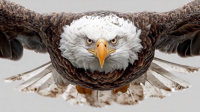 Intense frontal view of a majestic bald eagle in powerful flight, wings spread wide, with a piercing gaze, against a soft grey background.