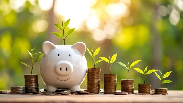 Piggy bank and coins with growing plants. - Powered by Adobe