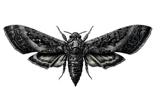 Detailed black and white illustration of a death s head moth