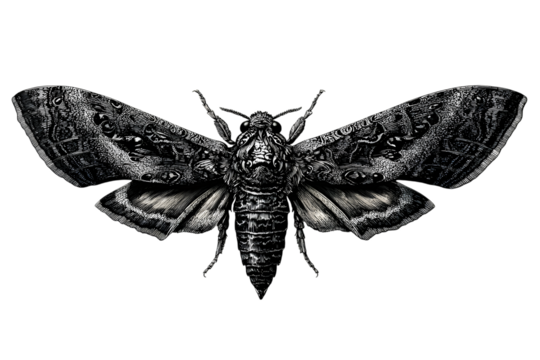Detailed black and white illustration of a death s head moth