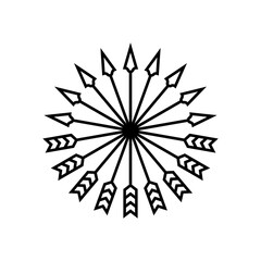 Crossed bow arrows. Line art vector. Outline isolated illustration on white background.