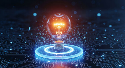 Glowing incandescent light bulb on futuristic circuit board with blue light filament idea