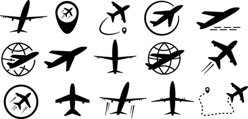 Minimalist vector icon set of airplanes in black and white. featuring diverse aircraft silhouettes in flight, over globes, and paired with navigation markers. The Concept of Air Lines and Travel