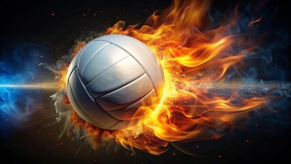 Fiery Volleyball in Motion A Dynamic Image of a Sport Ball Engulfed in Blazing Flames and Surrounded by Energetic Particles