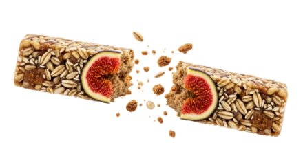 Healthy fig and seed granola bar broken in half with crumbs isolated on white background, nutritious snack for energy