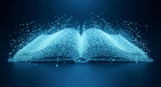 Glowing digital book emitting particles and characters in dark blue image