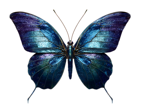 Iridescent blue butterfly with detailed wing patterns on black background