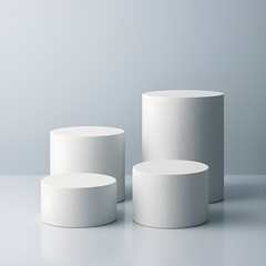 Four modern white cylinder display stands on glossy gray background Product mockup scene