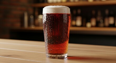 Glass of beer on a wooden surface with a blurry background