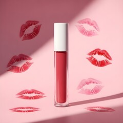Studio shot of pink liquid lipstick packaging among kisses and hard shadows