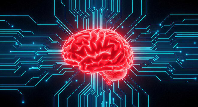 Glowing red human brain connected to blue circuit board lines red brain glowing brain