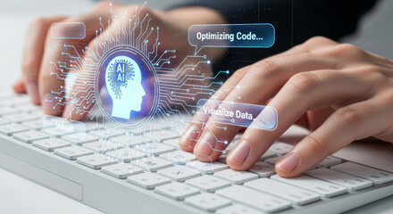 Hands typing on keyboard with A I brain and data visualization overlay artificial intelligence head
