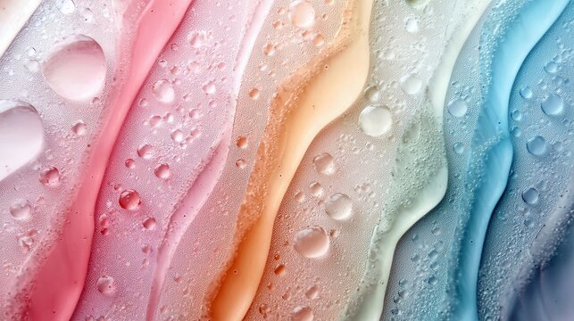 Close-up abstract view of flowing, wavy lines of pastel-colored liquids with small bubbles and water droplets, creating a textured and dynamic visual. - Powered by Adobe
