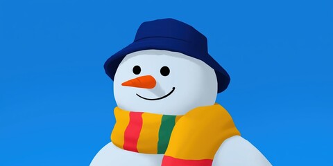 Cheerful snowman illustration wearing a blue hat and colorful scarf. Happy winter character for Christmas and holiday greetings. Isolated on a blue background with copy space