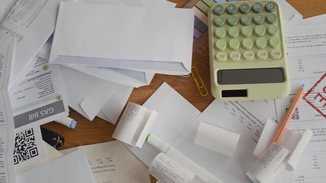 Flat lay shot of messy table with past due bills, calculator, receipts, envelopes, and stationery representing financial stress, debt, and overdue payments at home