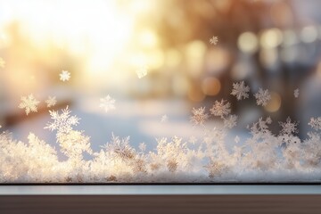 Close-up of snowflakes and frost on a window in winter. Ice crystals sparkling in warm golden sunlight. Christmas holiday background with copy space