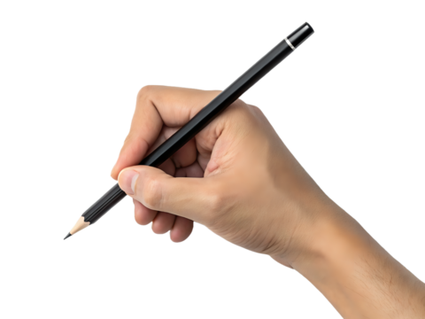 hand holding a black pencil ,isolated on transparent png