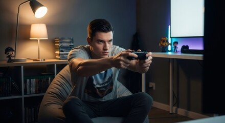 Young man gamer intensely focused, playing video game with console controller in dark room. Gaming enthusiast, esports competition, cyber sport concept.