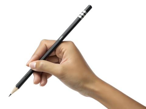 hand holding a black pencil ,isolated on transparent png