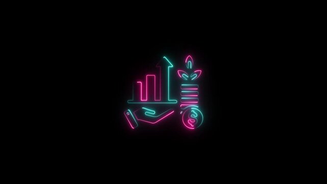 Neon investment icon, bright financial growth symbol, future eco-friendly assets and analytics UI element animation.