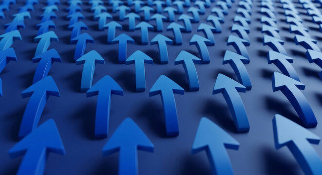 Many blue arrows pointing upwards in a grid pattern up arrow direction - Powered by Adobe