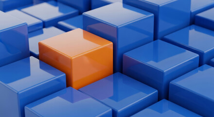 Obraz premium One orange cube stands out among many blue cubes in a geometric pattern abstract background