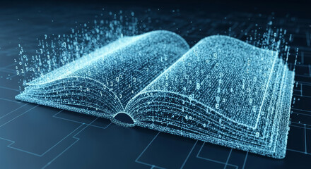 Open digital book made of glowing blue particles and numbers image