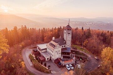 The Liberecka Vysina Lookout Tower stands majestically in Liberec, Czechia