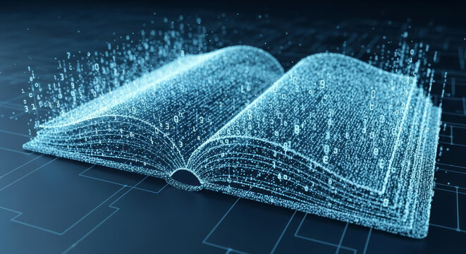 Open digital book made of glowing blue particles and numbers image