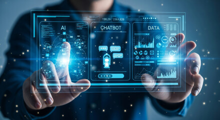 Person touching futuristic holographic interface with A I chatbot and data charts technology future