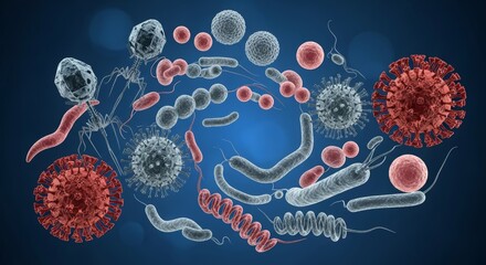 Medical illustration of various microorganisms on a blue background ideal for scientific and healthcare visuals