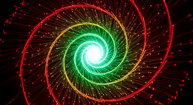 Glowing spiral pattern with red yellow and green light trails emanating from a bright central point