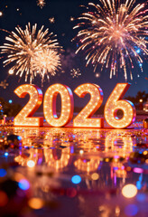 2026 New Year celebration fireworks gold 3D illustration