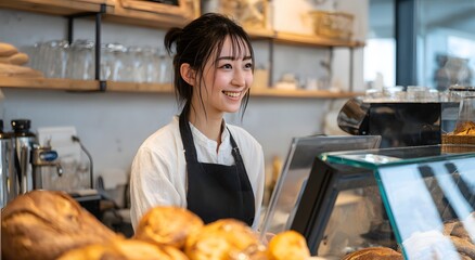 Happy young asian female barista smiling in a modern coffee shop