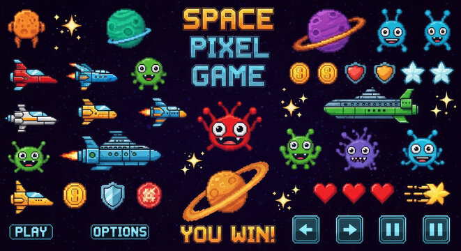 Pixel art space game elements with spaceships aliens planets and U I image - Powered by Adobe
