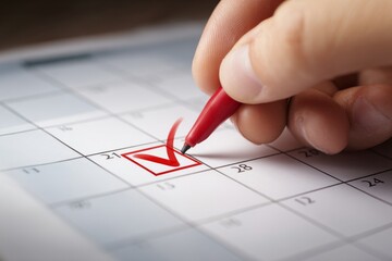 Hand marking a checklist on a calendar for important dates and events in a productive workspace