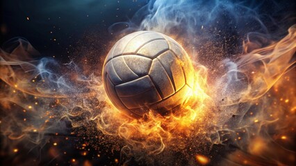 Fototapeta premium Fiery Volleyball Explosion A Dynamic Image of a Sport Ball in Blazing Combustion and Smoky Trails