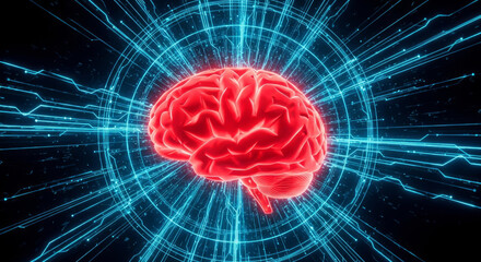 Red human brain glowing with blue digital network energy lines red brain technology