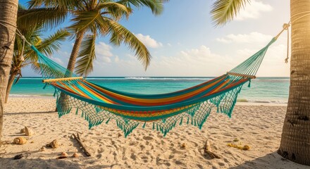 Hammock on sandy beach with palm trees and ocean in the background vacation concept